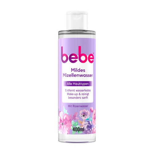 Bottle of bebe mild micellar water with a floral label on a white background