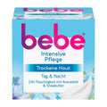 Bebe intensive care packaging for dry skin with avocado oil and shea butter on a white background