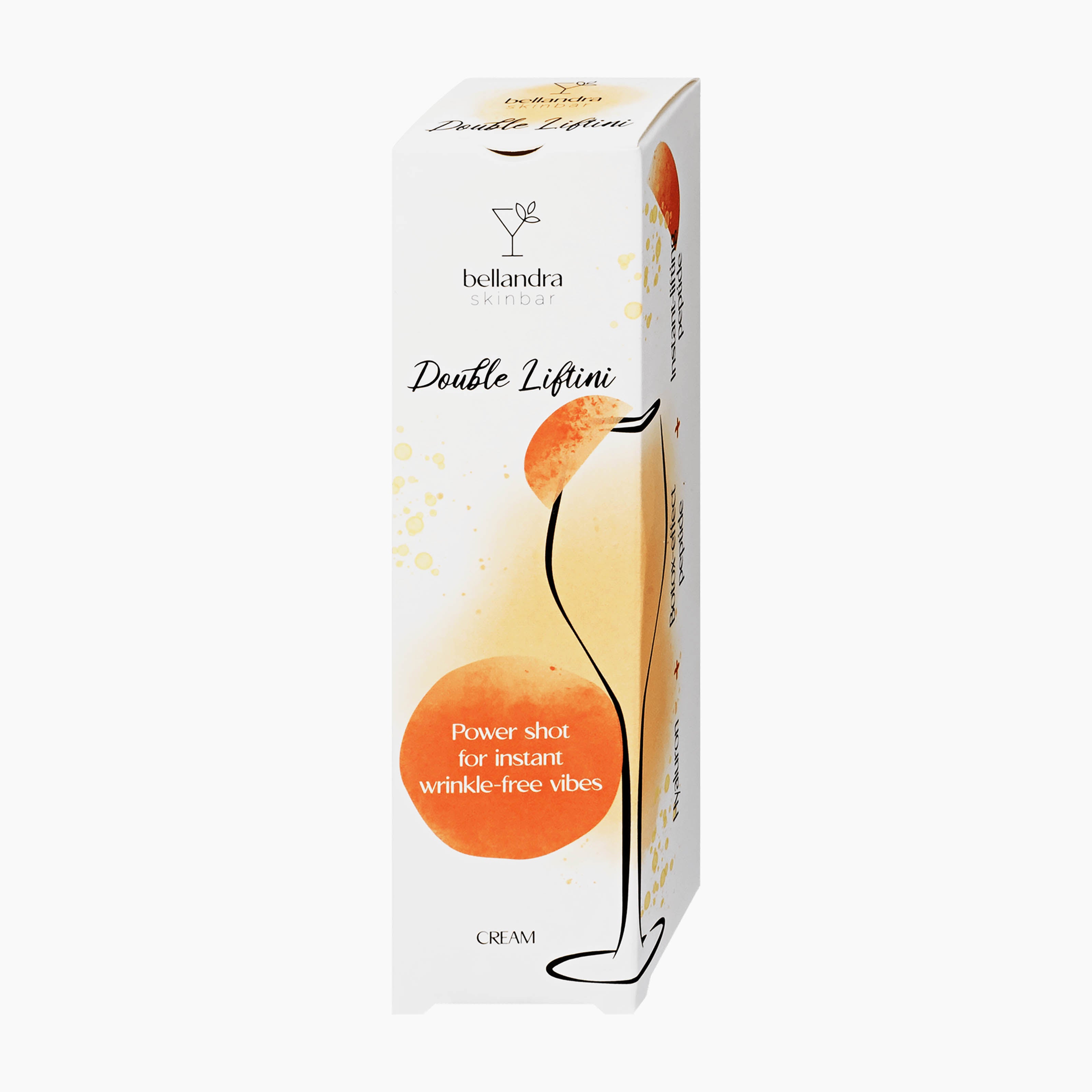 Bellanda Skinbar Double Liftini Botox-Effect Instant Firming Face Cream box, featuring a white design with orange watercolor circles, a stylized glass illustration, and black text on a light gray background.