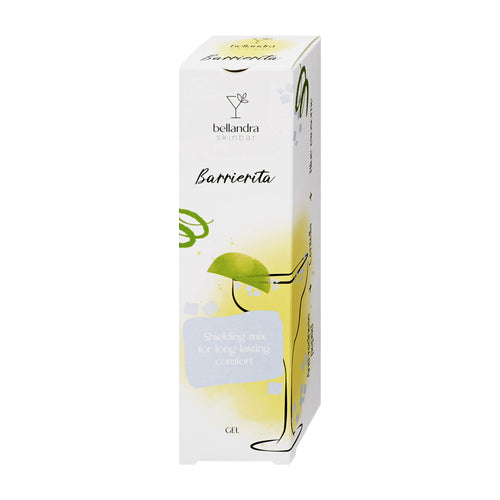 A tall rectangular white product box for Bellandra Skinbar Barrierita Exosome Repair Face Gel, decorated with yellow citrus graphics and a green lime illustration, set against a plain white background.