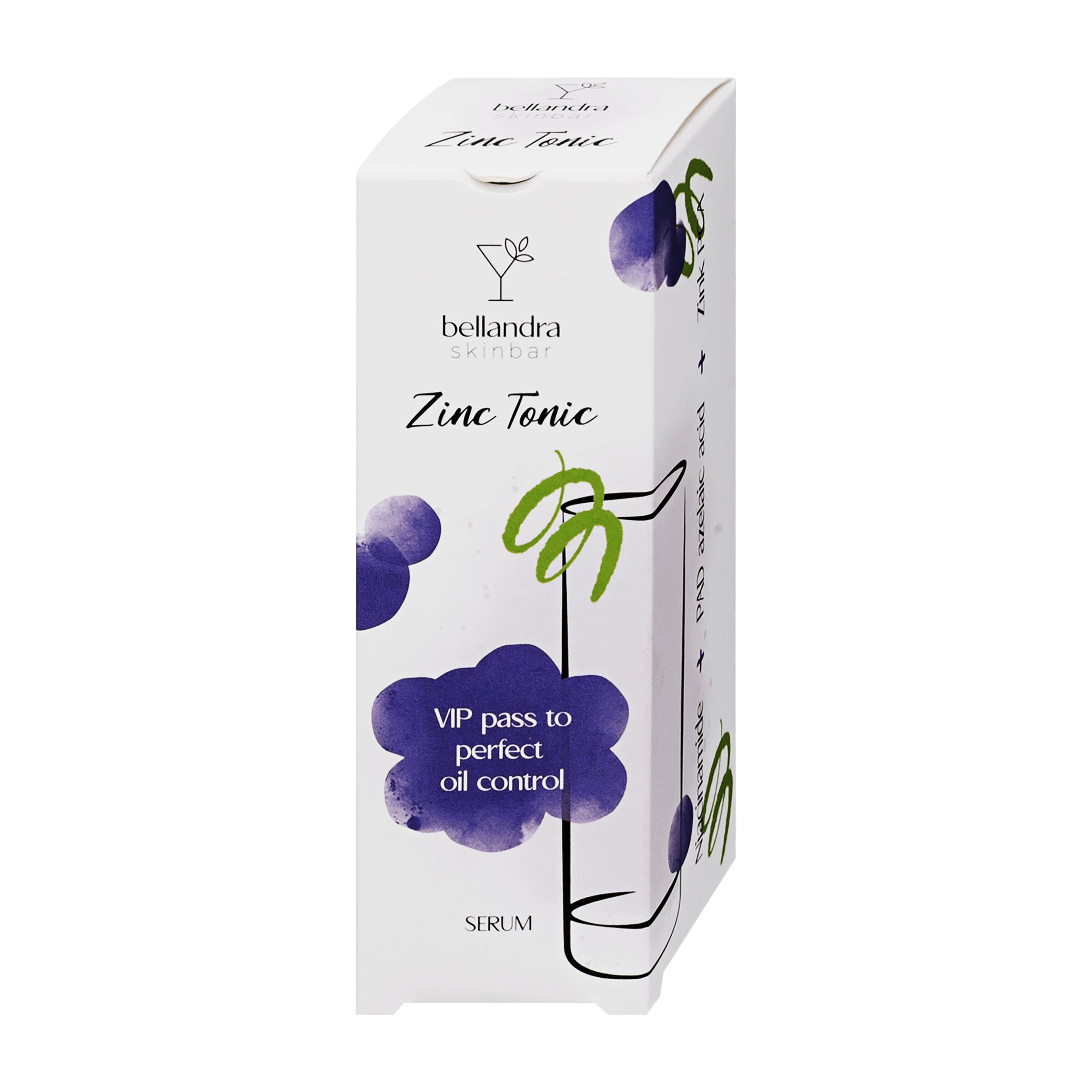 Bellandra Skinbar Zinc Tonic Acne Control face serum box, featuring a white packaging design with purple grape illustrations and green vine accents.