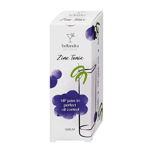 Bellandra Skinbar Zinc Tonic Acne Control face serum box, featuring a white packaging design with purple grape illustrations and green vine accents.