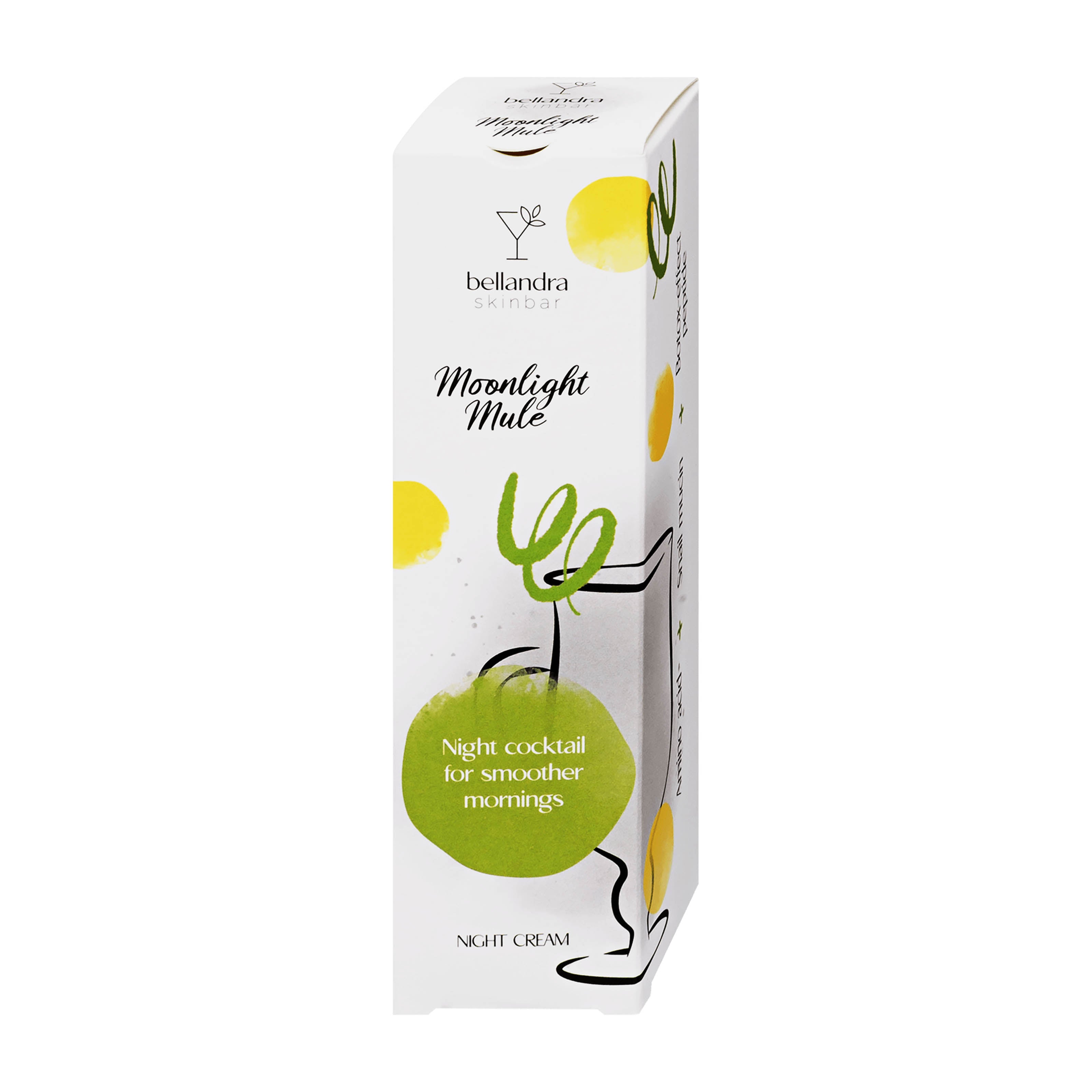 A tall rectangular white box for Bellandra Skinbar Moonlight Mule Botox Effect night cream, decorated with yellow and green cocktail-themed graphics and text.