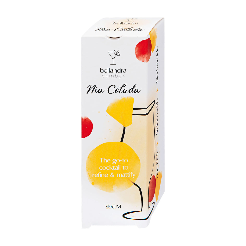 Bellandra skincare serum packaging with cocktail-themed design on a white background