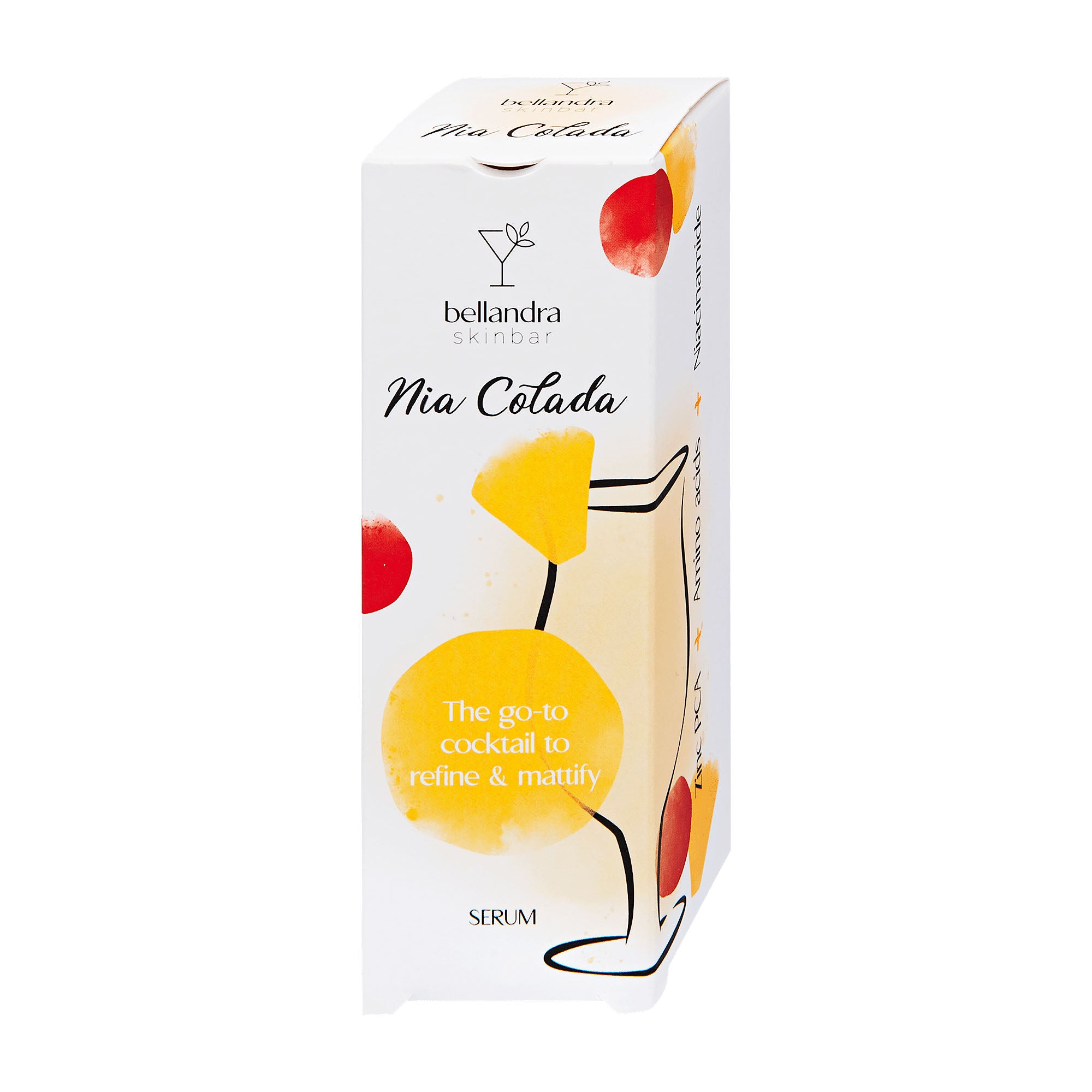 Bellandra skincare serum packaging with cocktail-themed design on a white background