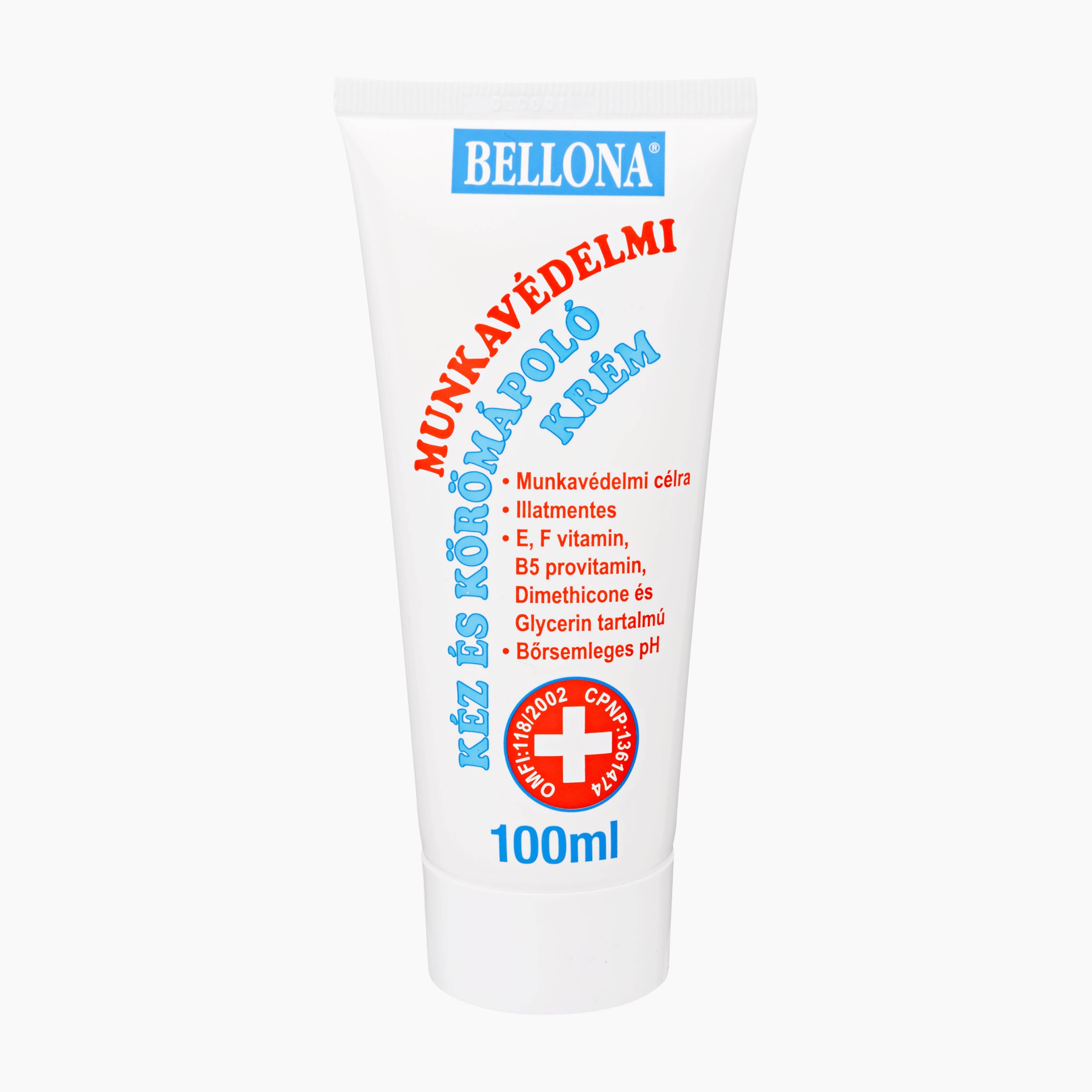 A 100ml squeeze tube of Bellona hand and nail cream, featuring a white tube with blue and red text on a light gray background.