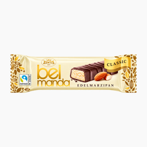 Zentis Belmanda Classic marzipan bar packaging on a light gray background.