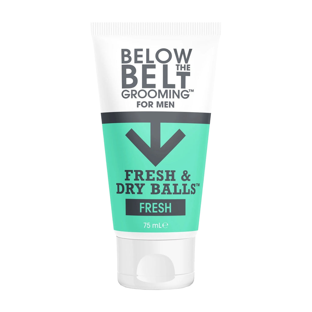 Tube of Below the Belt Grooming for Men Intimate Deodorant Fresh & Dry Balls fresh scent product on a white background