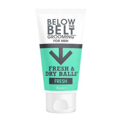 Tube of Below the Belt Grooming for Men Intimate Deodorant Fresh & Dry Balls fresh scent product on a white background