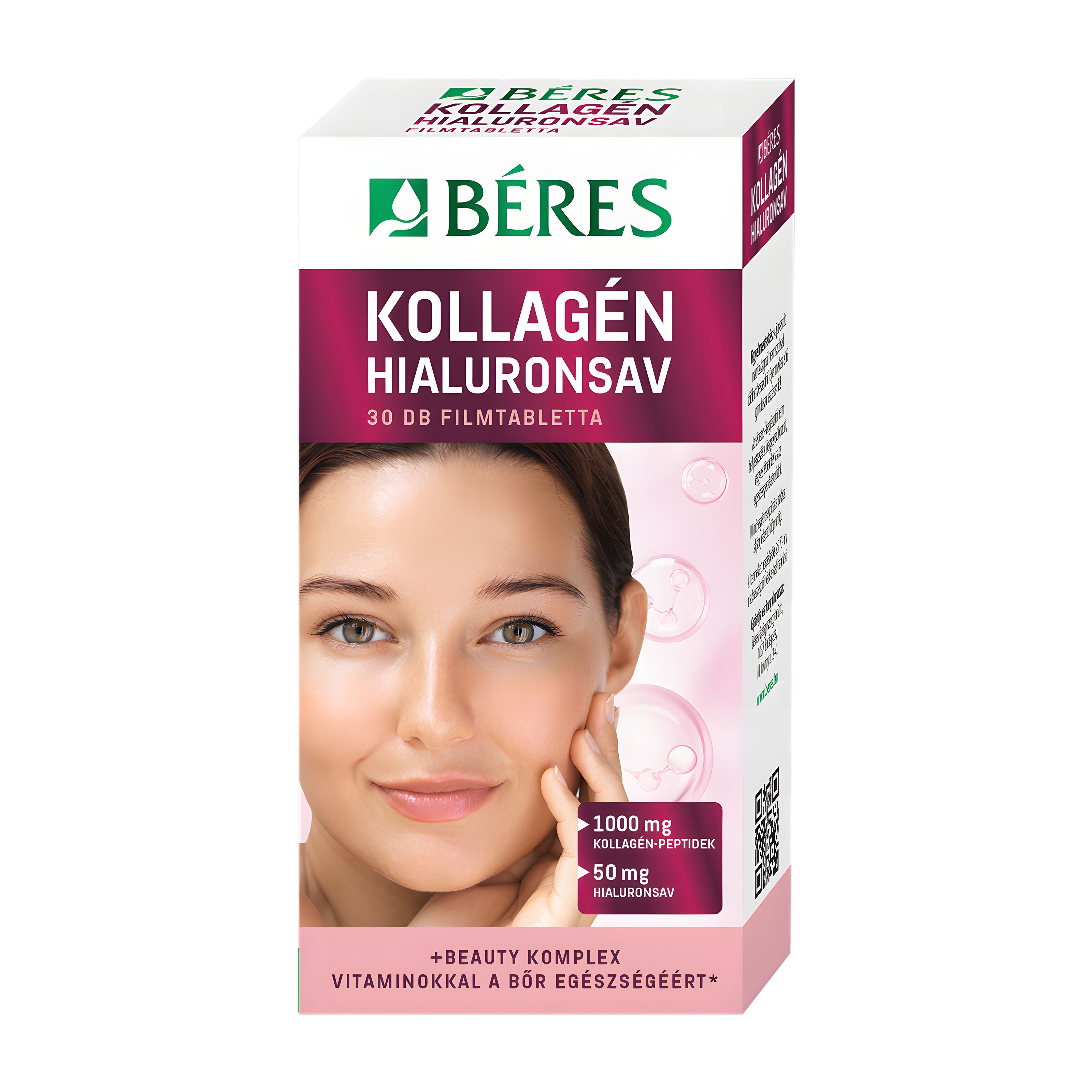 Béres Collagen Hyaluronic Acid supplement box with a woman's face on a white background