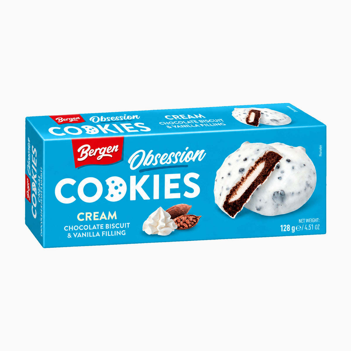 A box of Bergen Obsession Cookies Cream Chocolate Biscuit & Vanilla Filling, 128 g, shown on a plain white background.