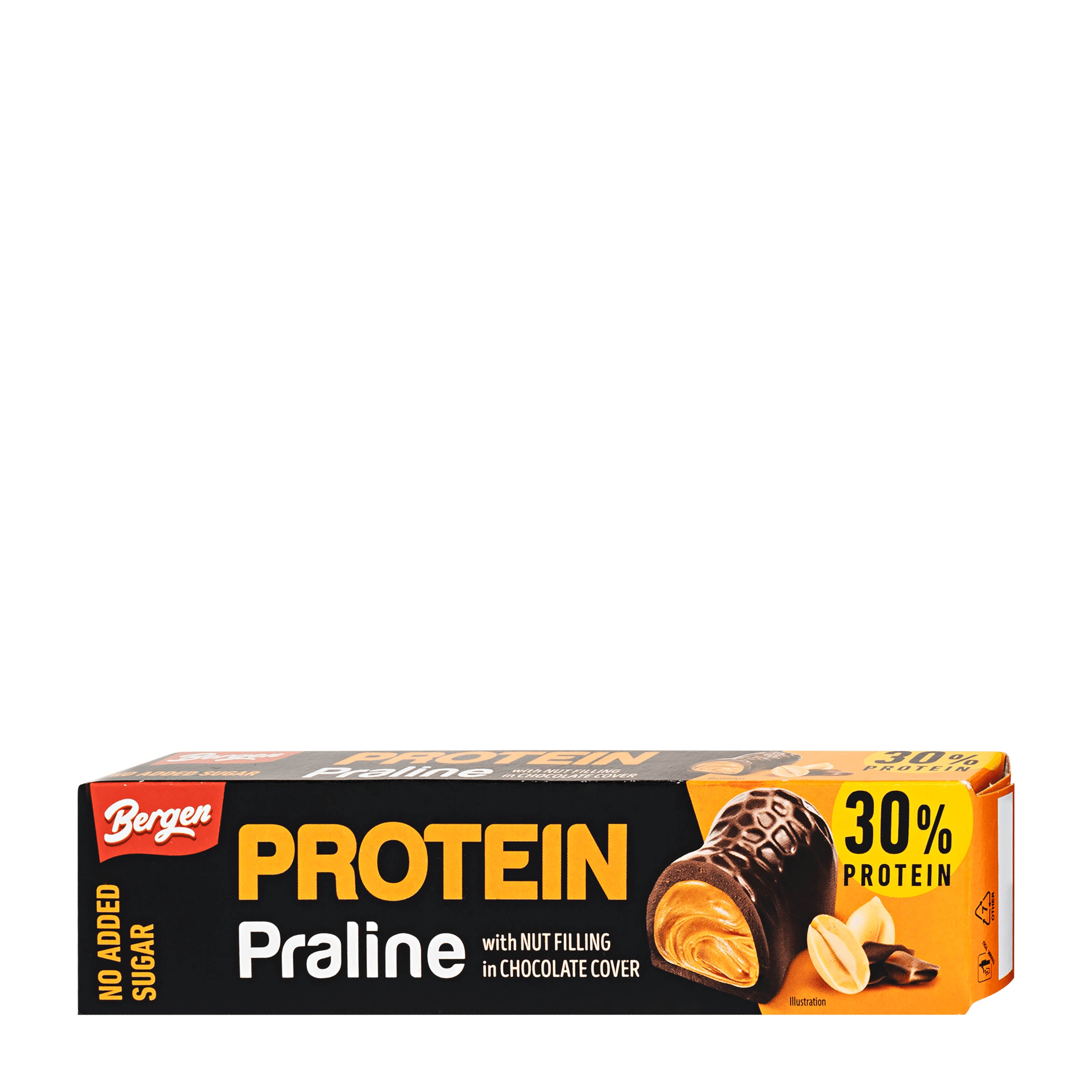 Bergen Protein Praline Nut & Chocolate No Added Sugar packaging on a white background.