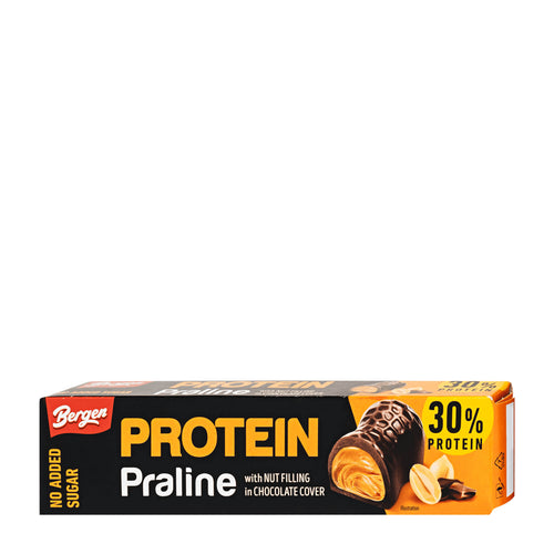 Bergen Protein Praline Nut & Chocolate No Added Sugar packaging on a white background.