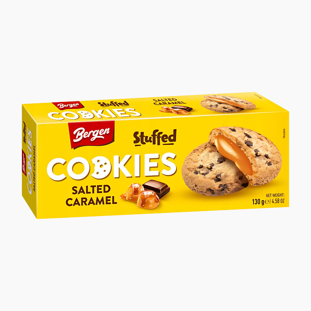 A box of Bergen Stuffed Cookies, Salted Caramel flavor, 130g. The packaging is bright yellow with white and red text, showing an image of a chocolate chip cookie split open to reveal a caramel-stuffed center.