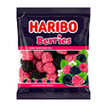 A package of Haribo Berries jelly candies featuring images of the candies and berries on a purple background.