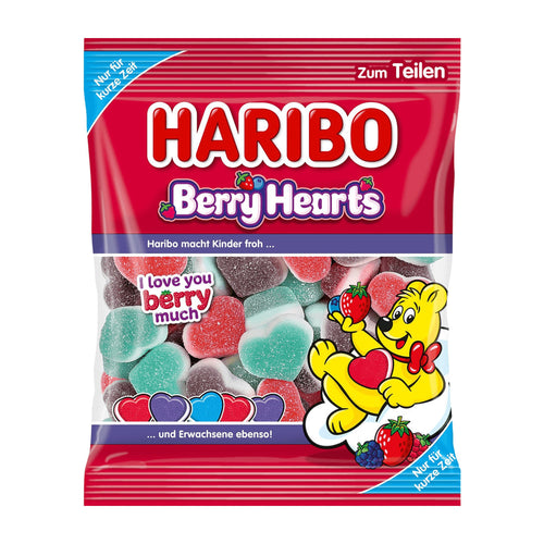 Haribo Berry Hearts gummy candy package with a cartoon bear character on a white background