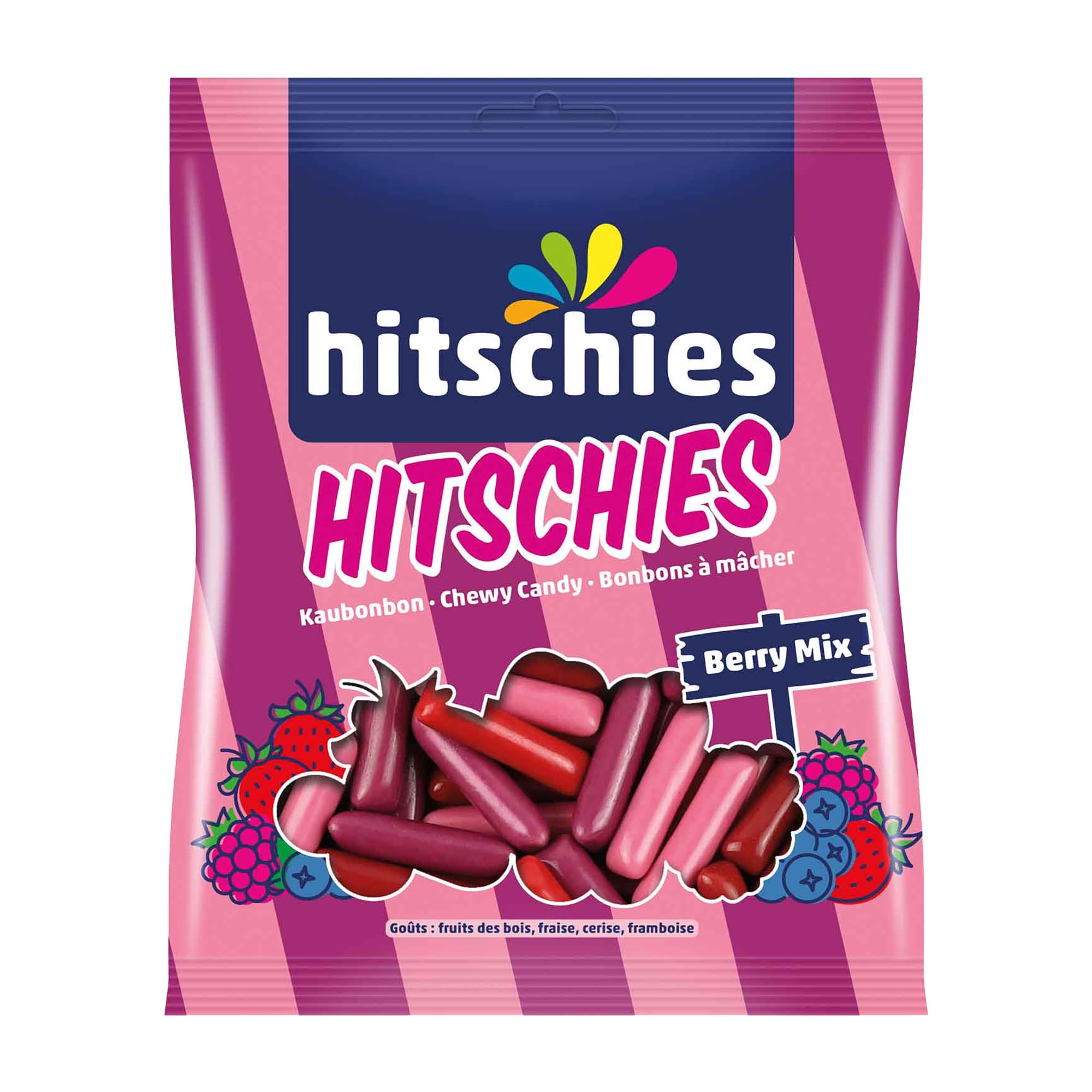 Packaging of hitschies berry mix chewy candy with colorful design on a white background