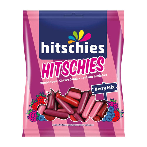 Packaging of hitschies berry mix chewy candy with colorful design on a white background