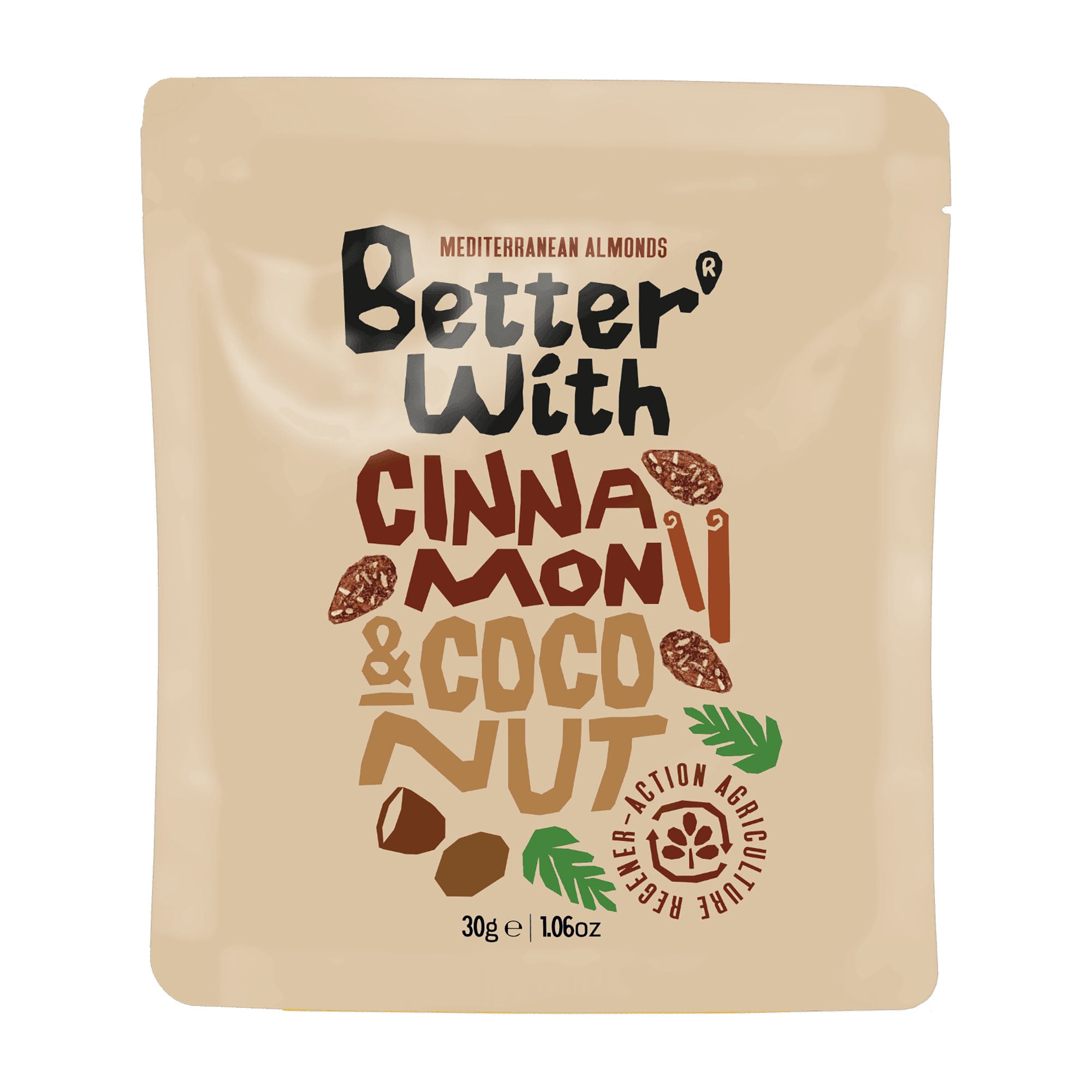 Better With Almonds Cinnamon & Coconut packaging on a white background