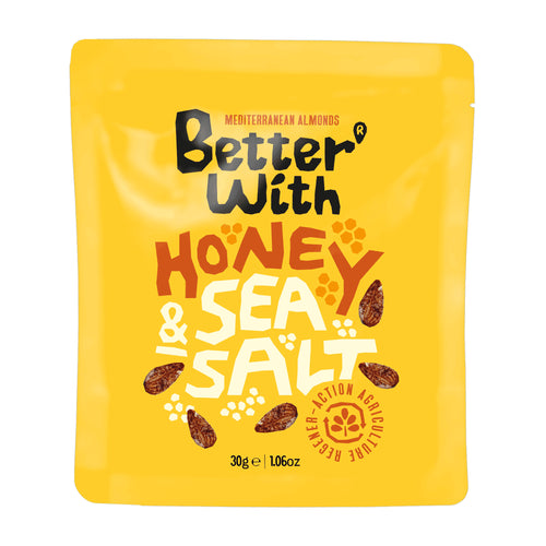 Yellow package of Better With Almonds Honey & Sea Salt on a white background