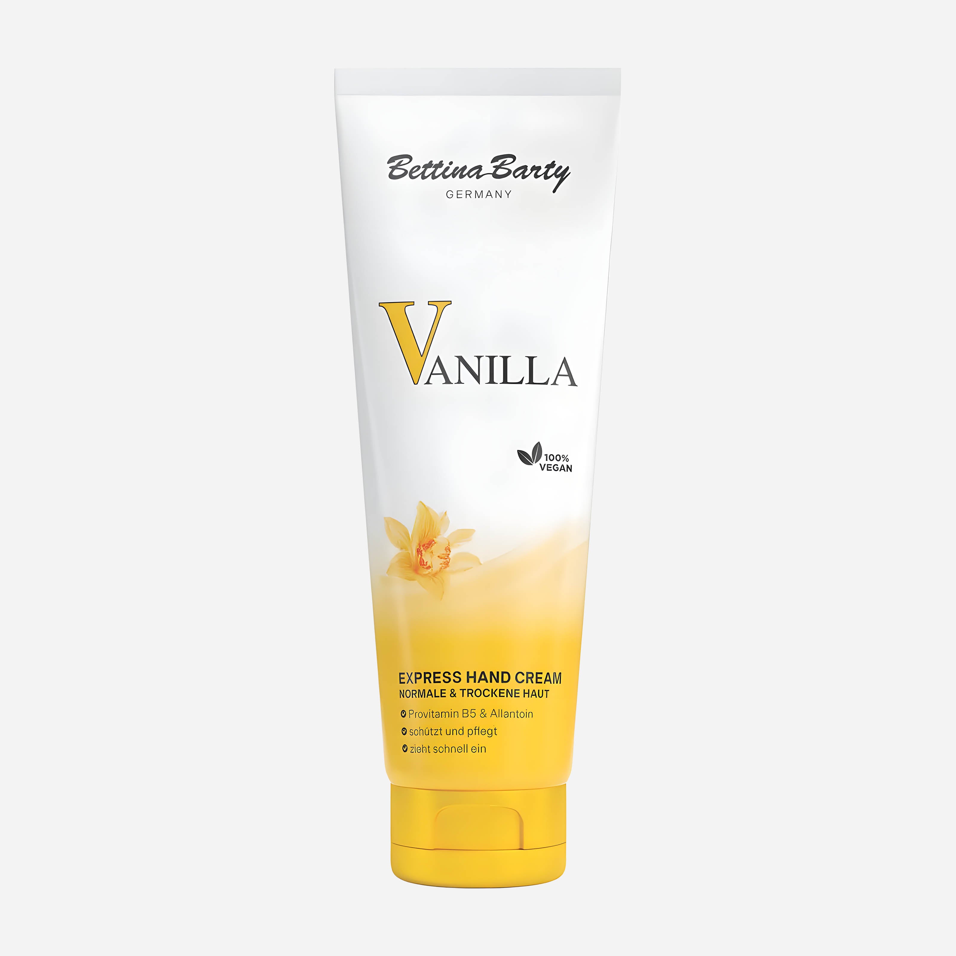 A tube of Bettina Barty Vanilla Express Hand Cream with a white and yellow design, featuring a vanilla flower illustration, set against a light gray background.