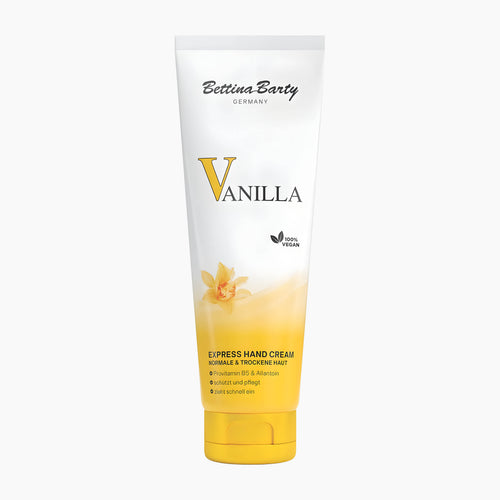 A squeeze tube of Bettina Barty Vanilla Express Hand Cream with a yellow cap, featuring a white and yellow design with a vanilla flower illustration, set against a plain white background.