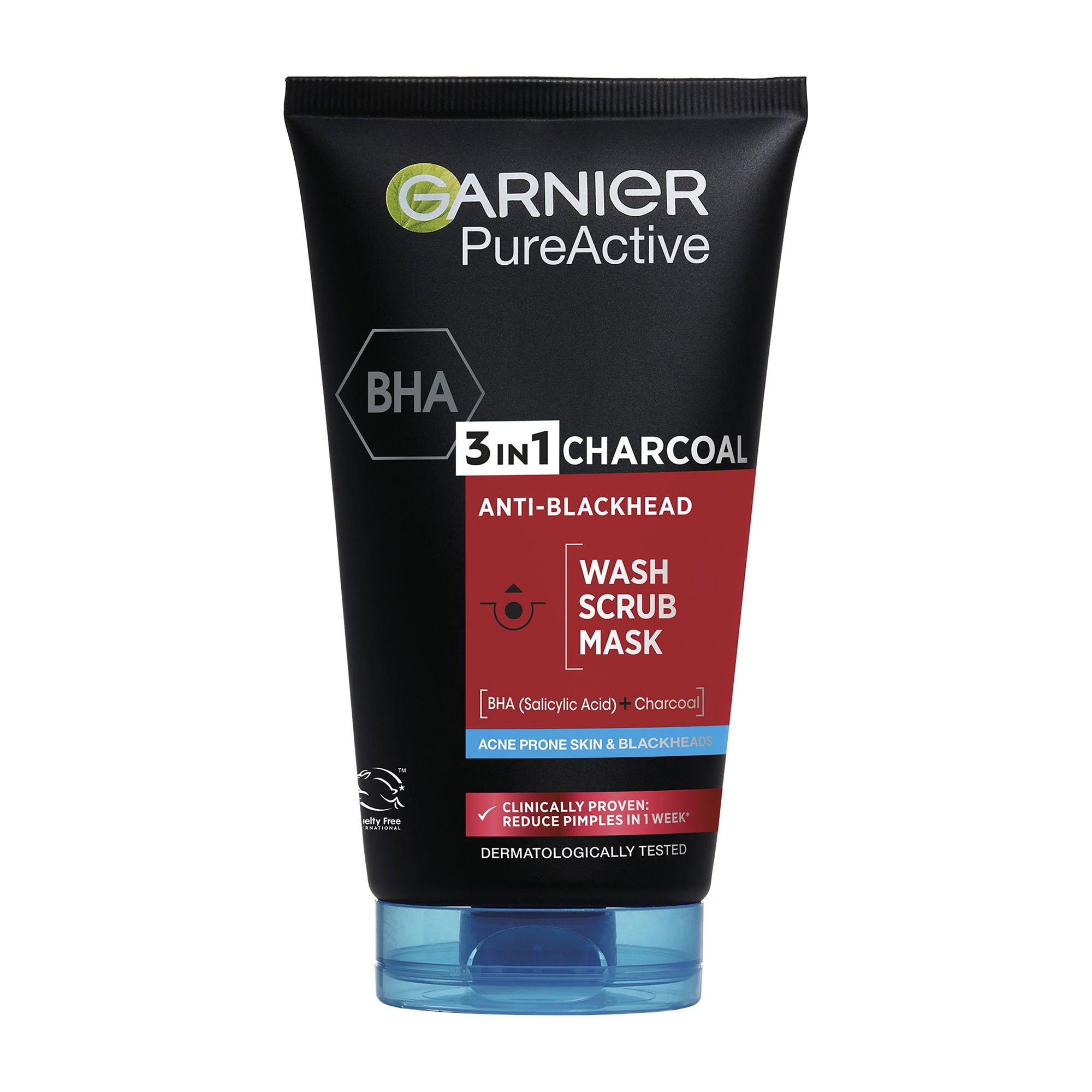 Black tube of Garnier PureActive BHA 3in1 Charcoal Anti-Blackhead Cleanser on a white background.