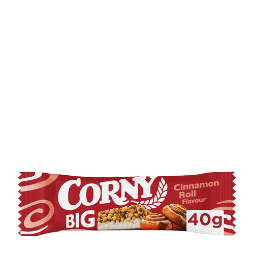A single Corny Big Cinnamon Roll Flavour muesli bar in its red wrapper, shown against a plain white background.