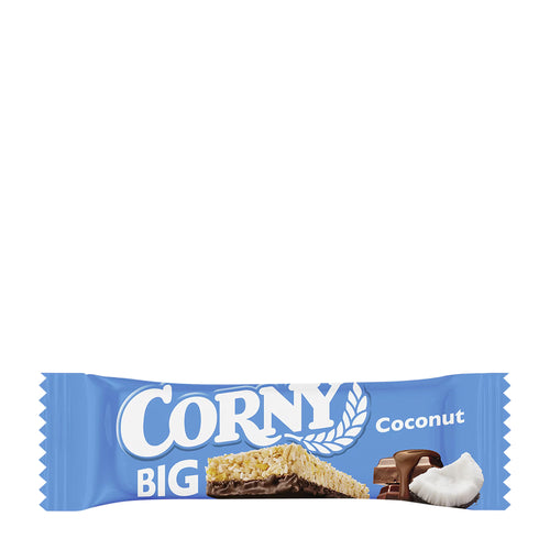 A wrapped Corny Big muesli bar in Coconut flavor, featuring a light blue wrapper with white branding and an illustration of the bar and coconut.