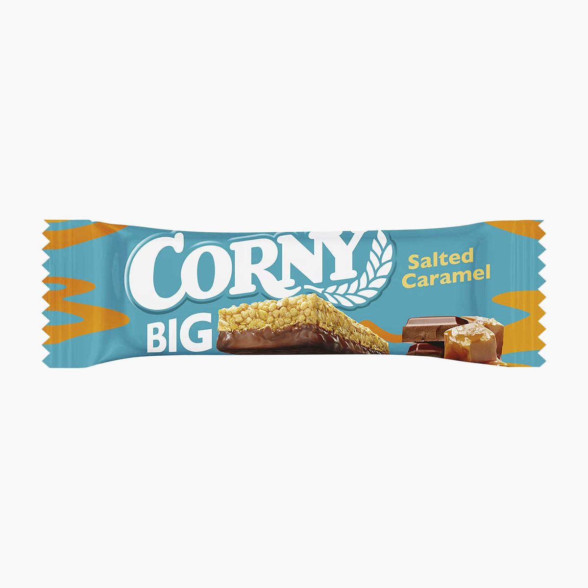 Corny Big Salted Caramel muesli bar packaging on a light gray background.