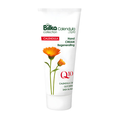 Bilka Regenerating Hand cream tube with Calendula and Q10 ingredients on a white background