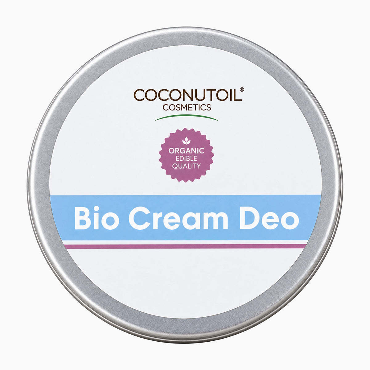 A round silver metal tin of Coconutoil Cosmetics Bio Cream Deo with a white label featuring a light blue band and a purple organic seal.