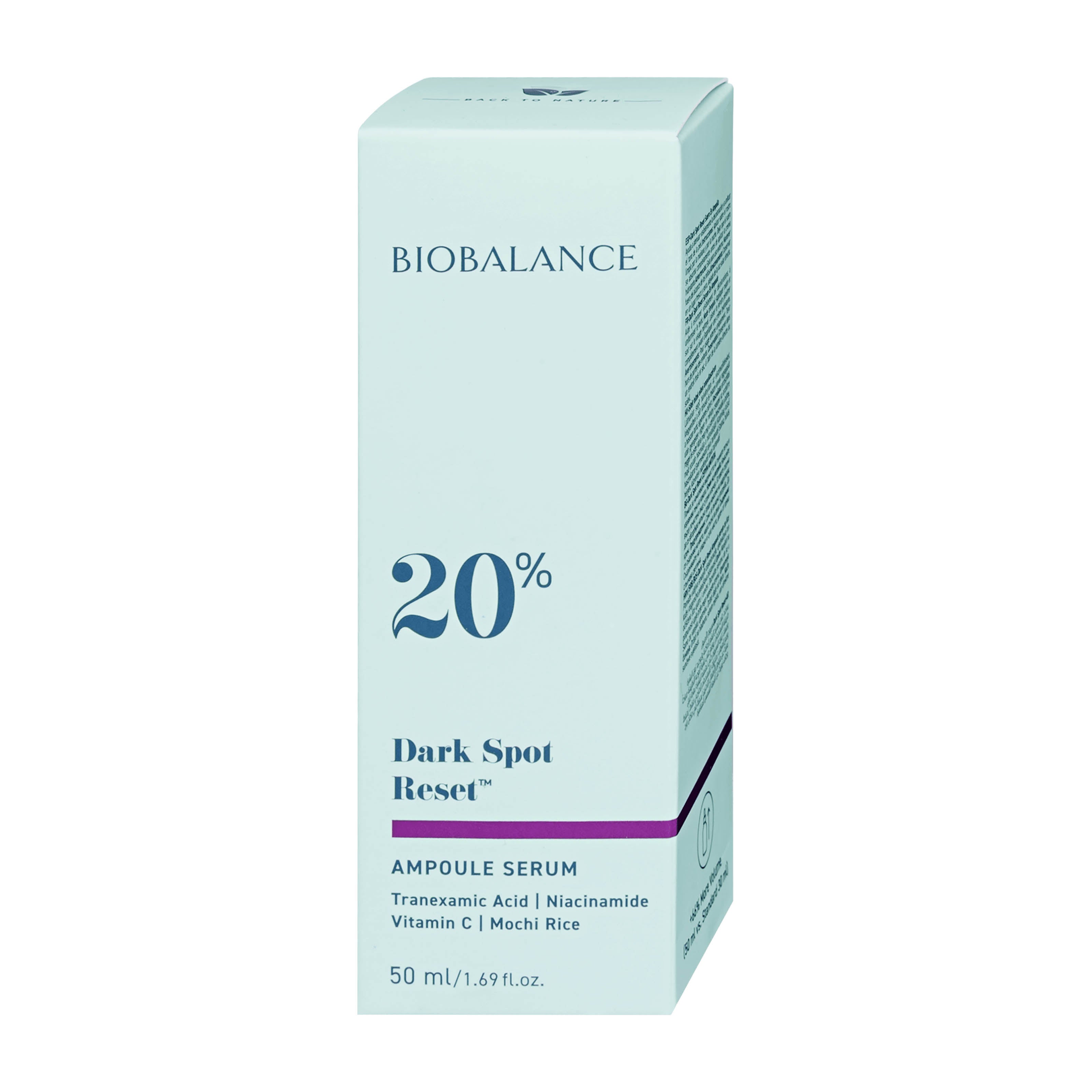 BIOBALANCE Dark Spot Reset face ampoule serum packaging on a white background