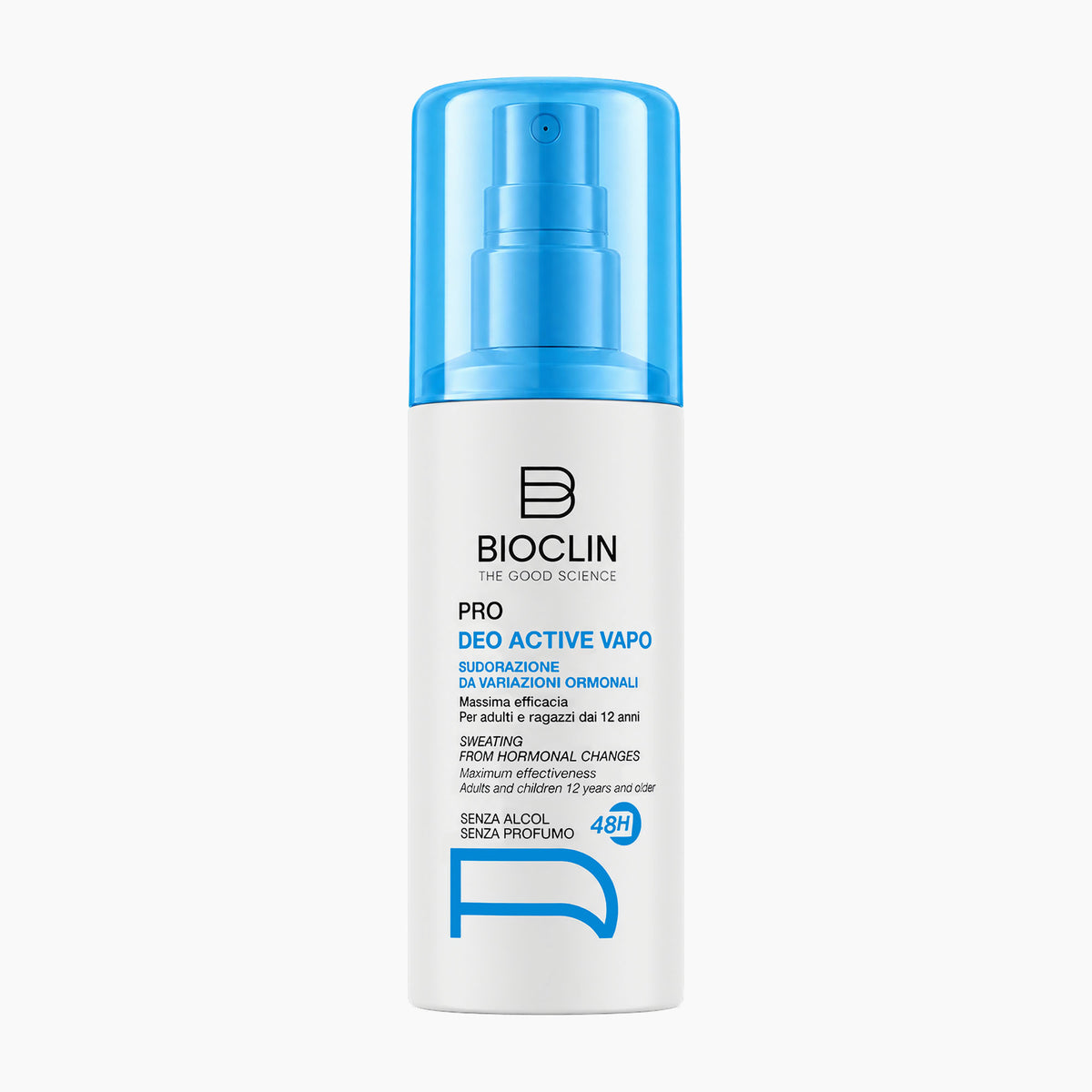 BIOCLIN PRO Deo Active Vapo antiperspirant spray in a white bottle with a translucent blue cap and blue text, shown on a light gray background.