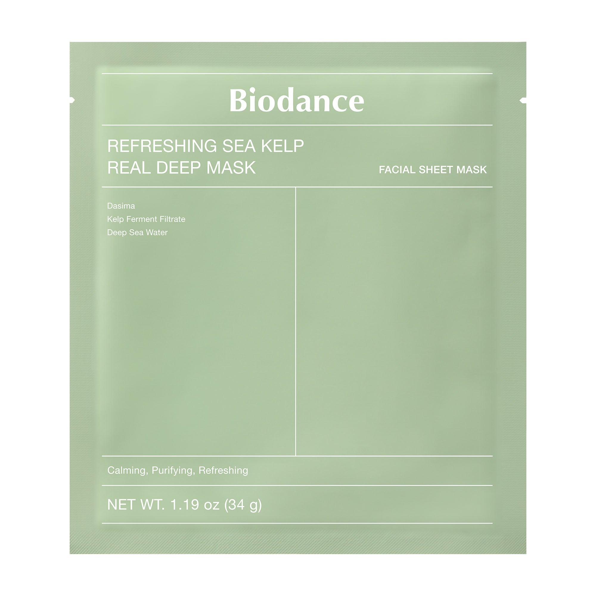 Green packaging of Biodance Refreshing Sea Kelp Real Deep Mask on a white background