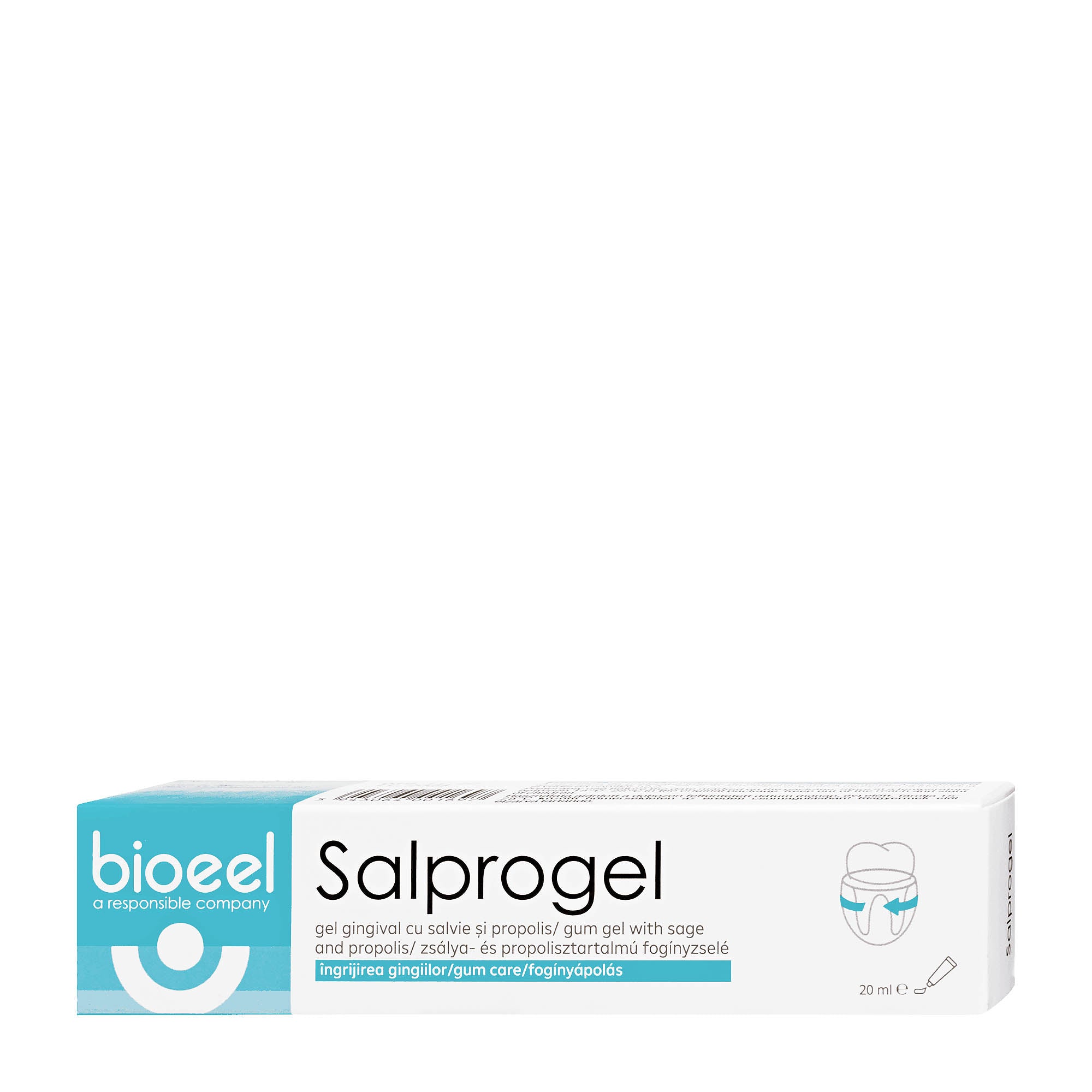 Packaging of bioeel Salprogel gum gel, with a white and blue color scheme, featuring the product name.