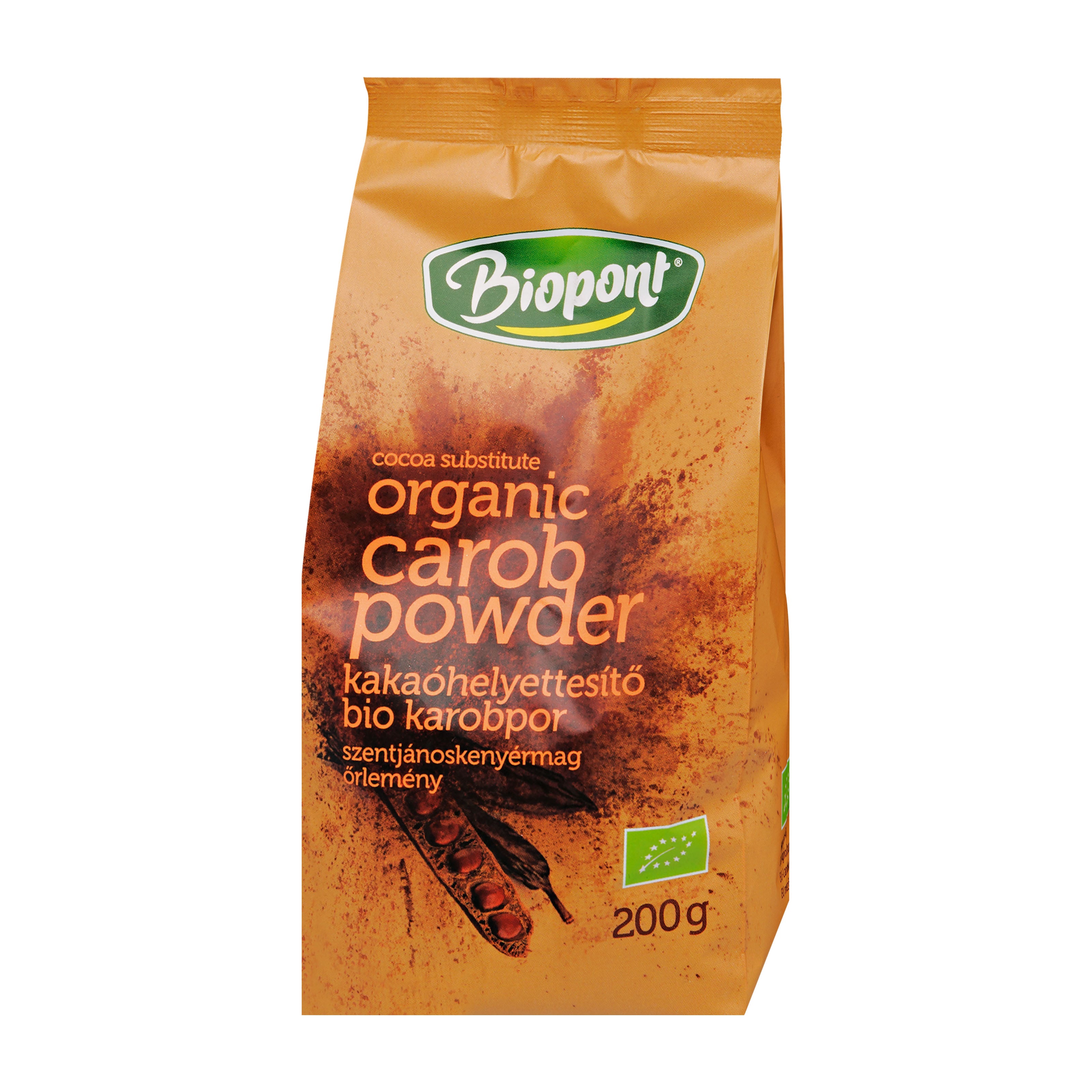 Packaging of Biopont organic carob powder on a white background