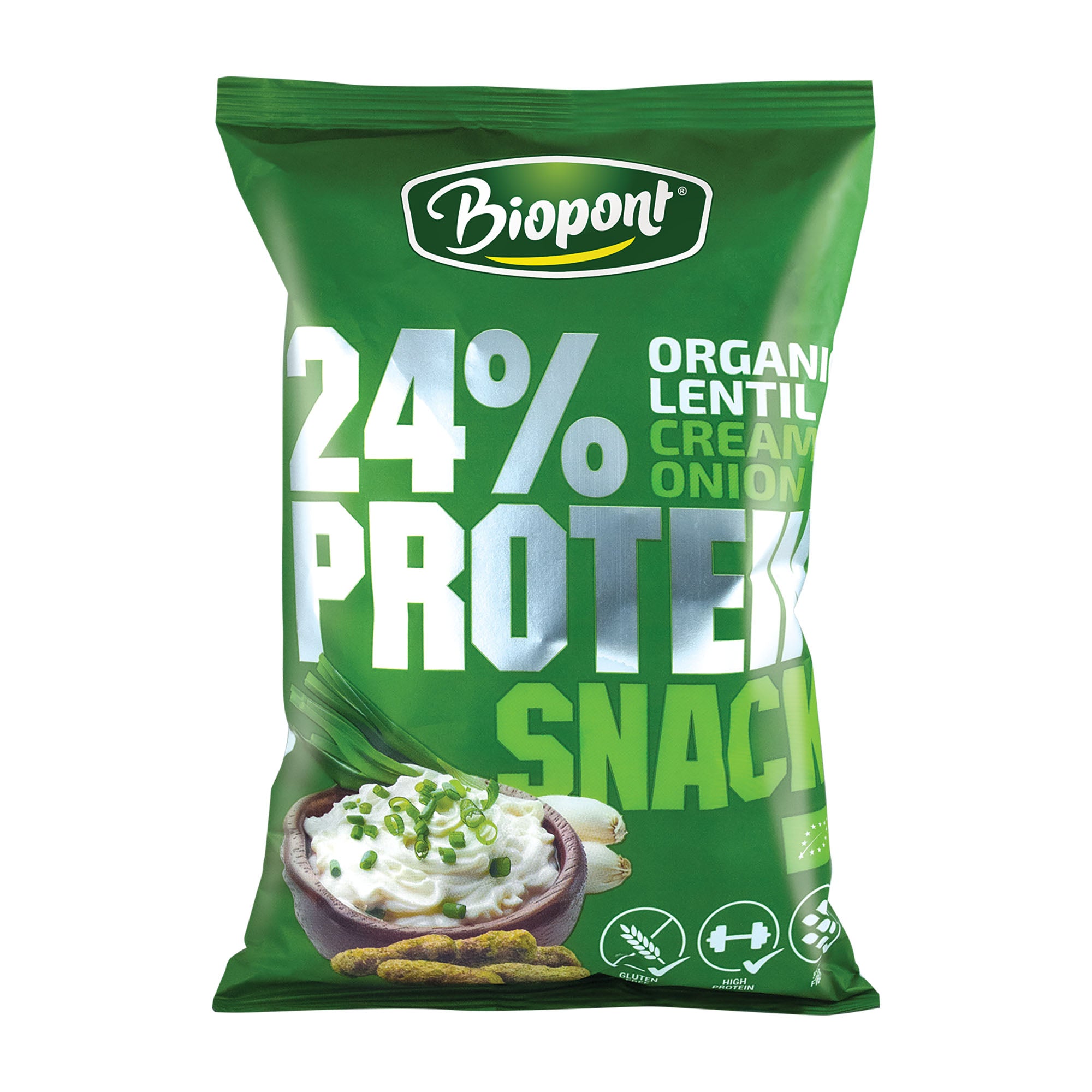 Green packaging of Biopont Cream & Onion organic protein snack on a white background.