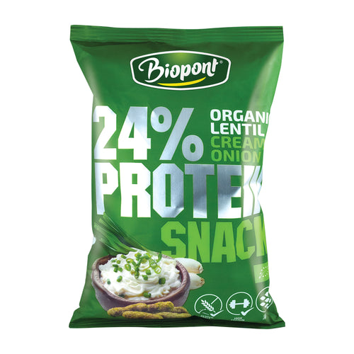 Green packaging of Biopont Cream & Onion organic protein snack on a white background.