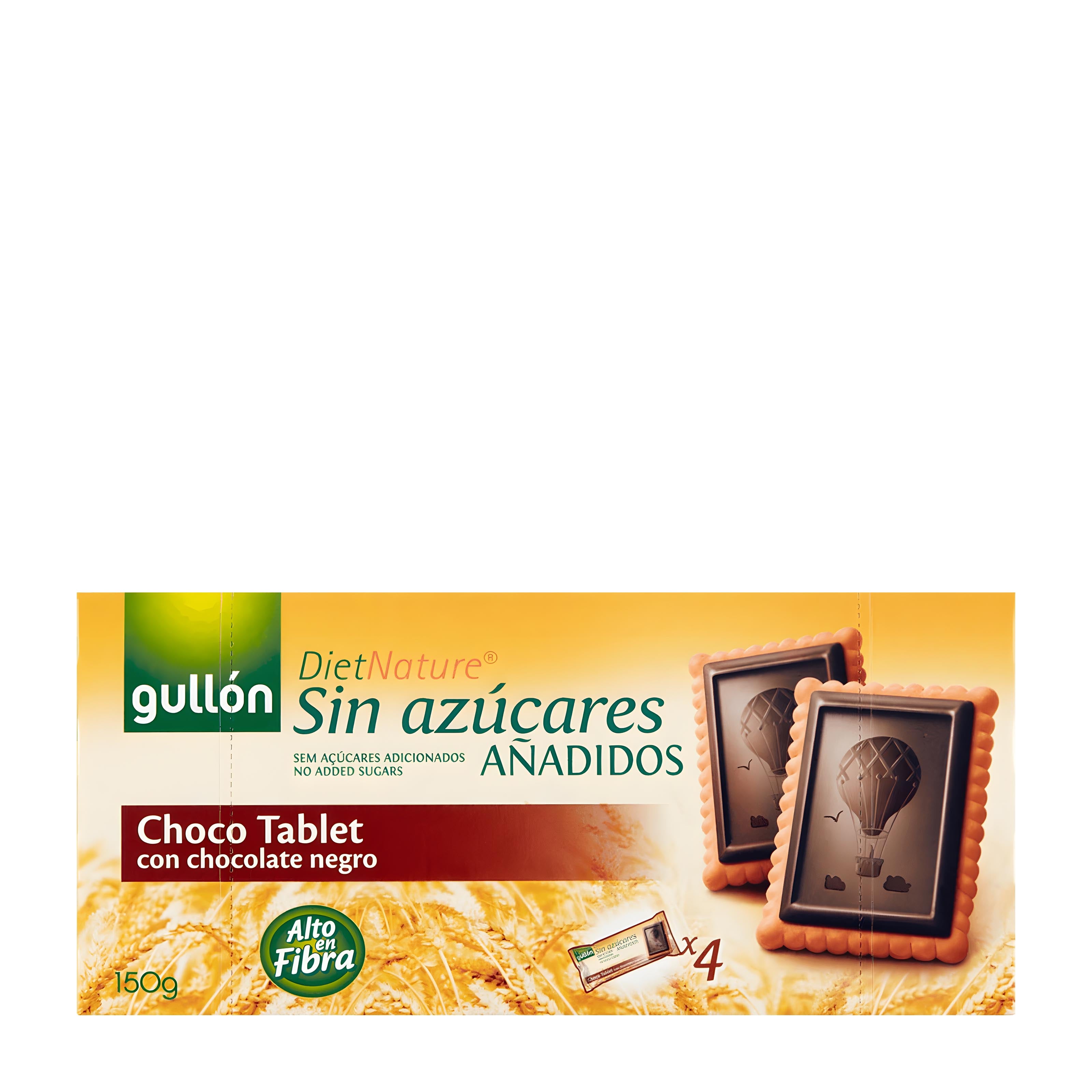 Gullon No Added Sugar Choco Tablet biscuits packaging on a white background.