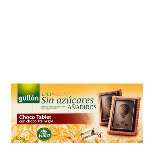 Gullon No Added Sugar Choco Tablet biscuits packaging on a white background.