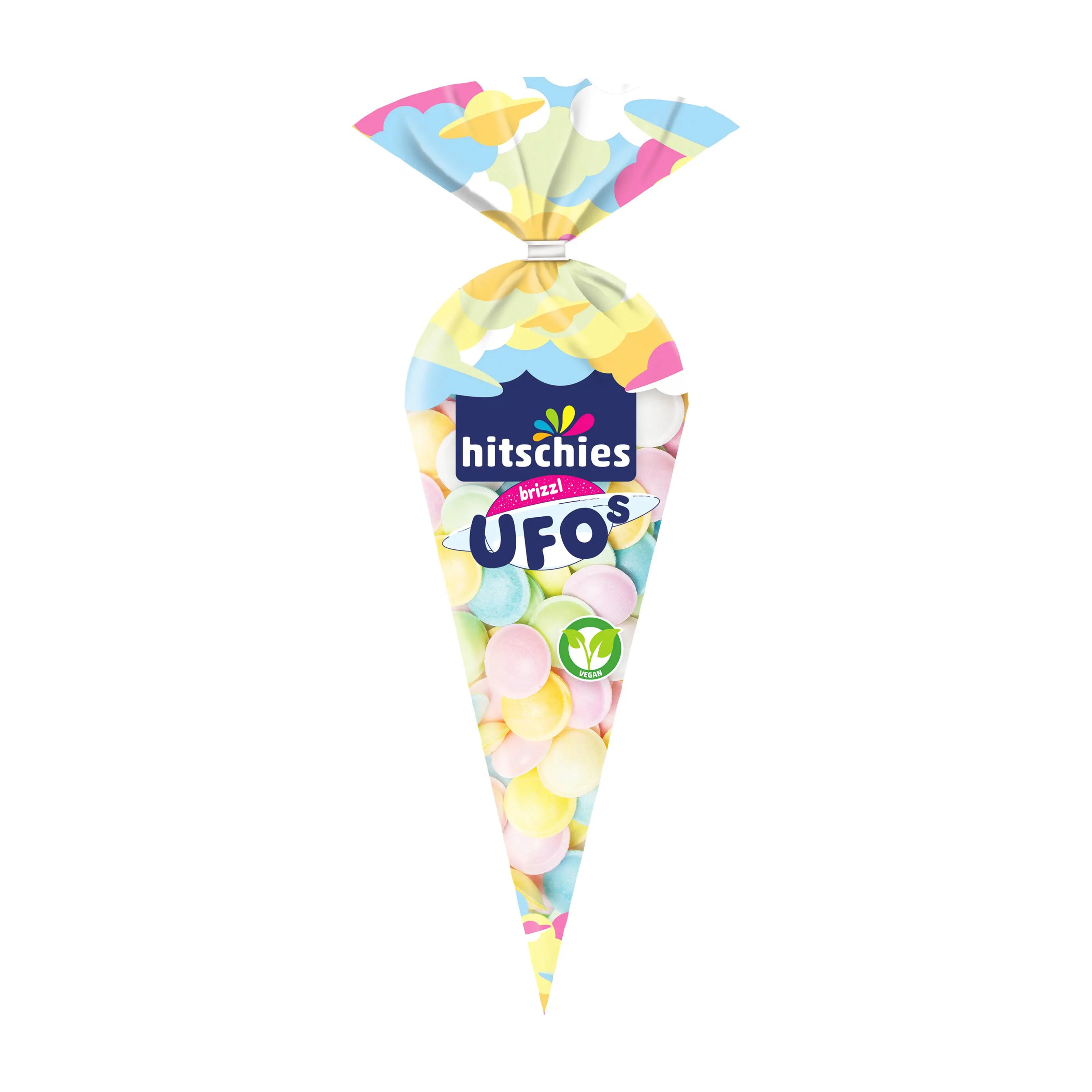 Colorful package of hitschies brizzl Ufos on a white background