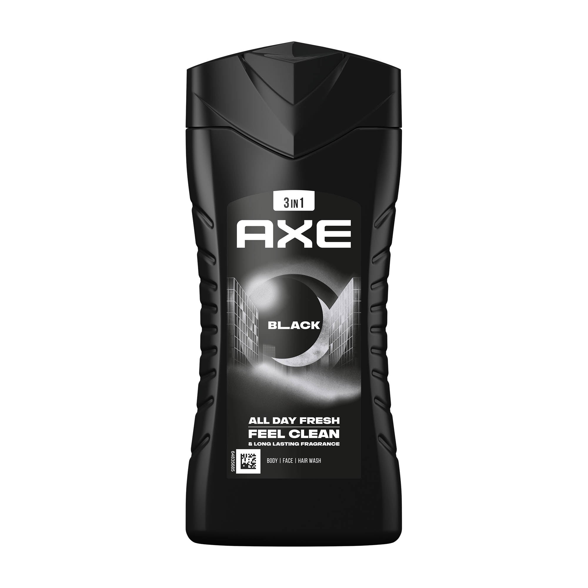 Axe Black body wash in a black plastic bottle with a label showing the scent as frozen pear and cedarwood, and the size as 400 ml.