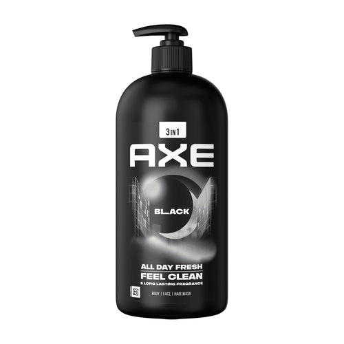 Pump bottle of Axe Black body wash on a white background