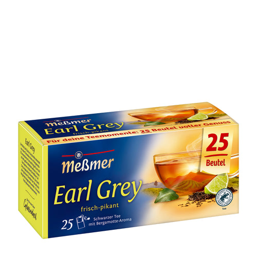 Messmer Earl Grey black tea box with a glass of tea and lime on a white background