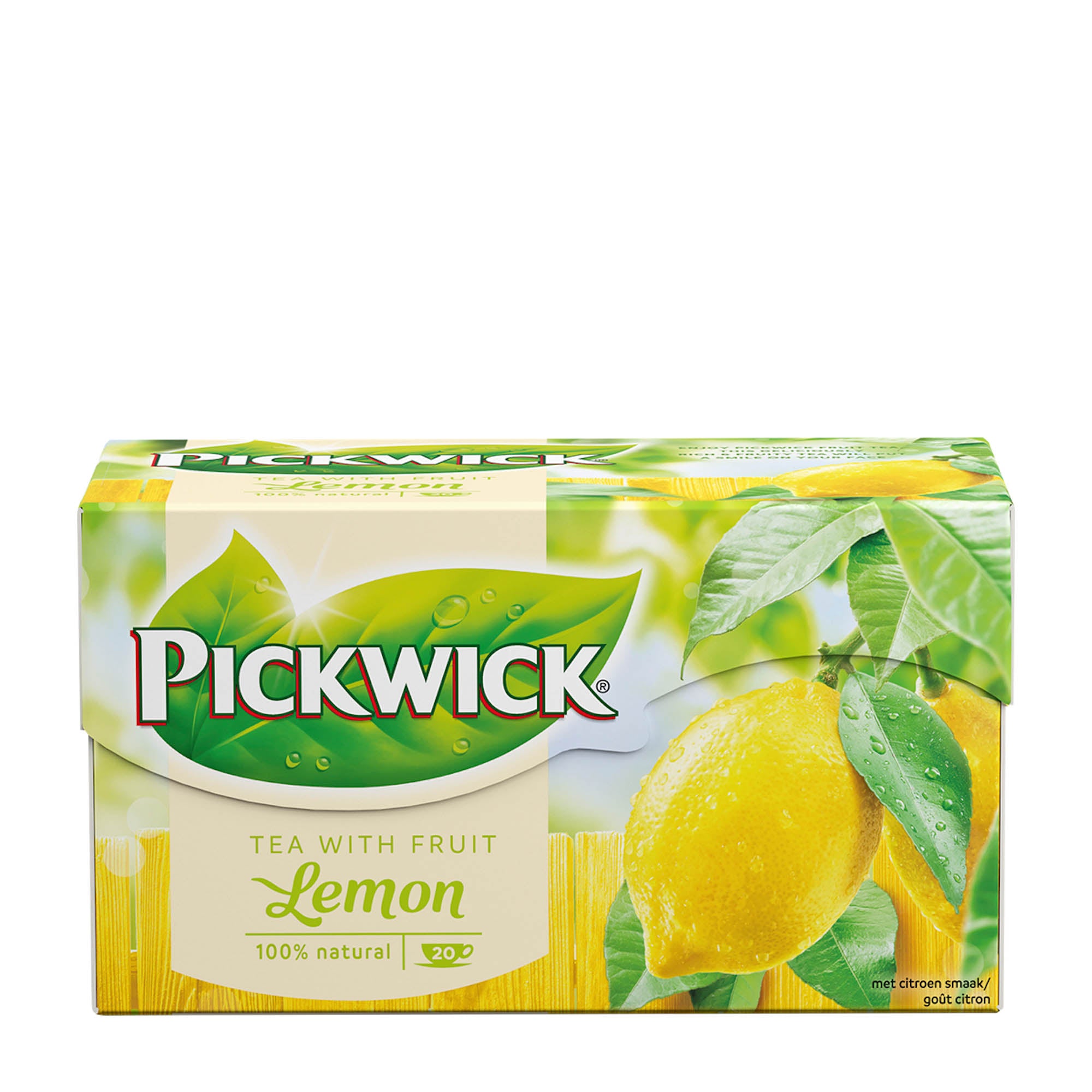Box of Pickwick Lemon Black Tea with fruit illustration and branding on the packaging