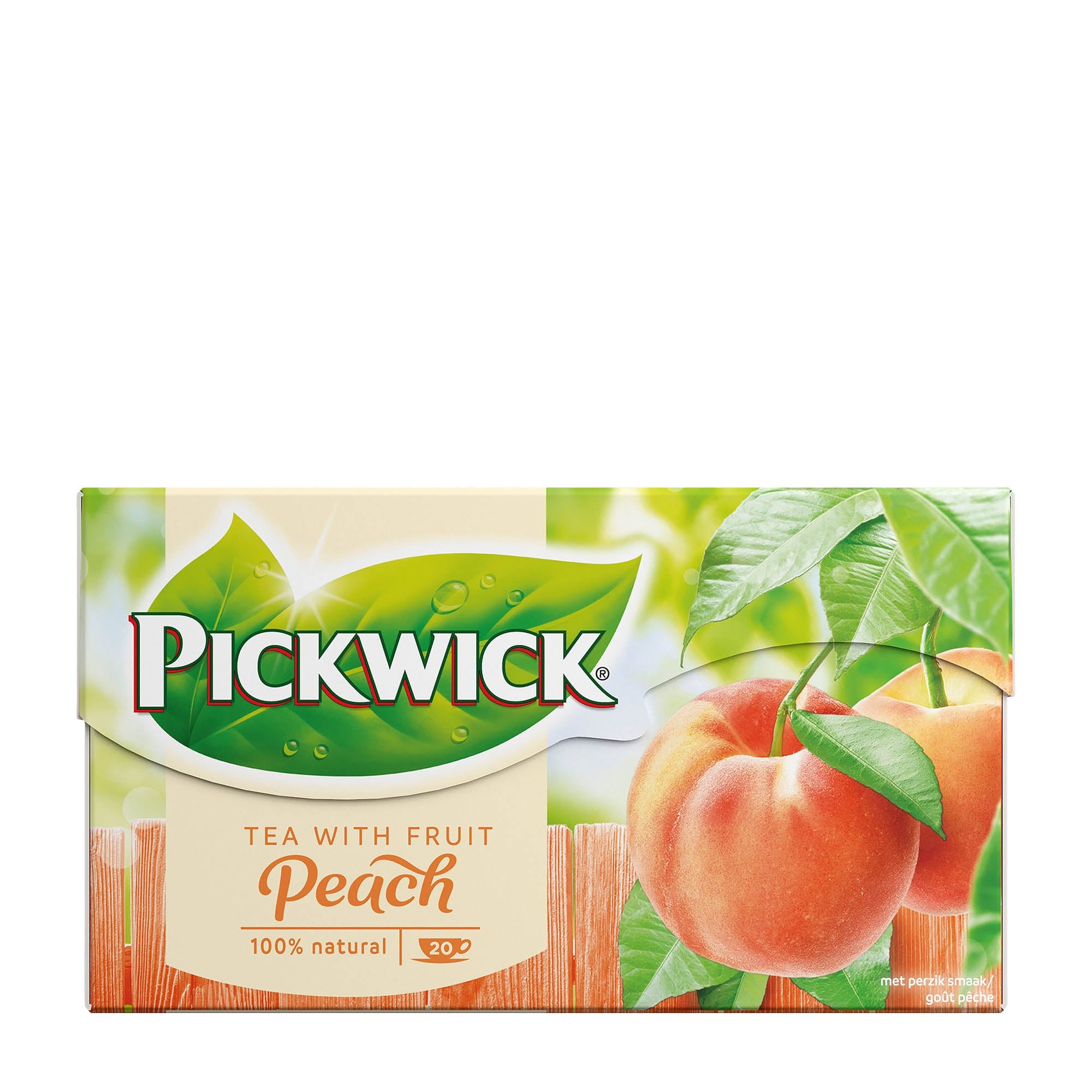 Box of Pickwick Tea with Fruit, specifically peach, flavor, containing 20 tea bags with real peach pieces.