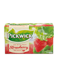 A box of Pickwick Strawberry Black Tea with fruit, displaying the brand logo, product name, and images of strawberries on the front.