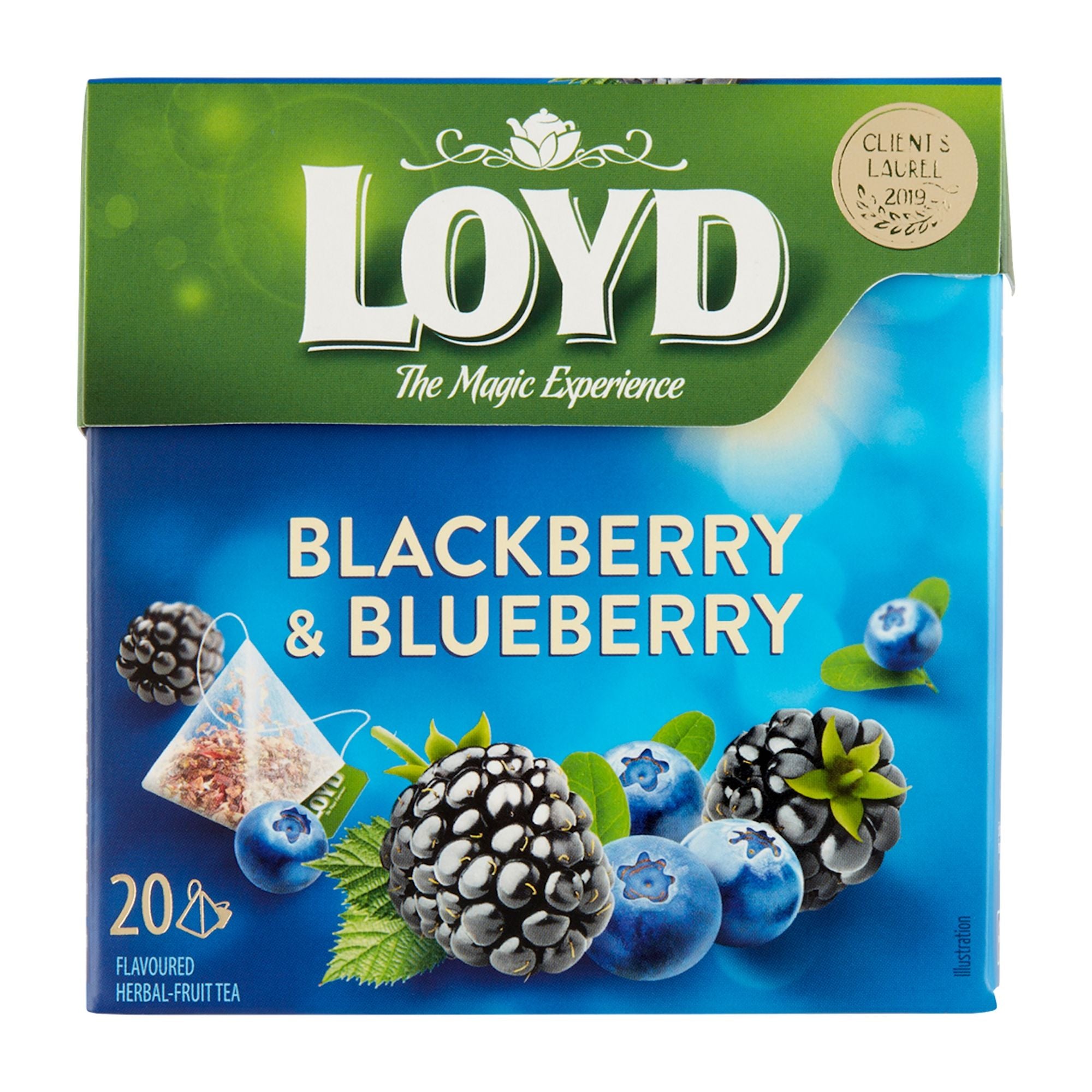Loyd Blackberry and Blueberry fruit tea packaging on a white background