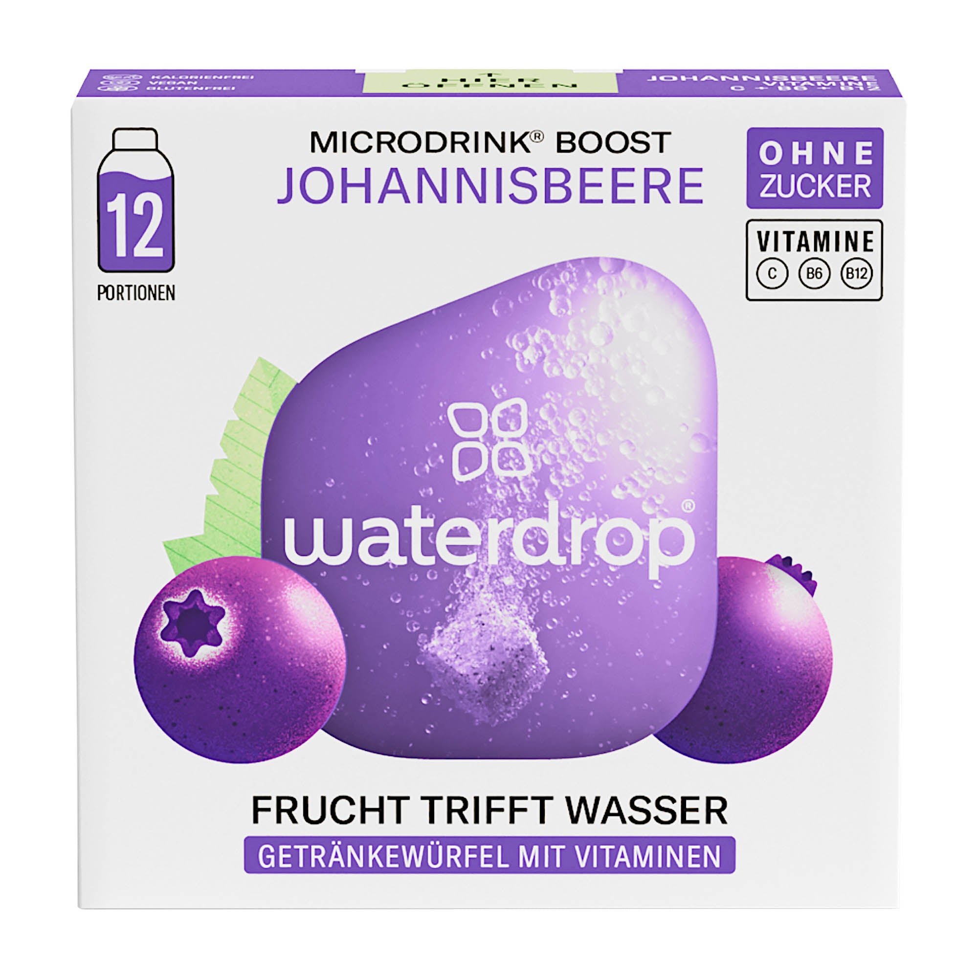 A box of Waterdrop Microdrink Boost Blackcurrant hydration cubes with a depiction of the product name, count, and flavor, along with icons indicating the presence of vitamins and sugar-free status.